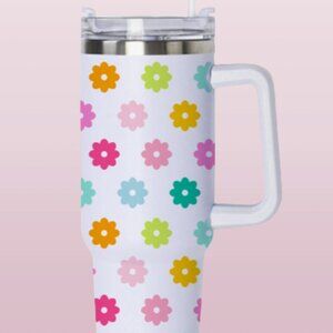 40 ounce Tumbler with Handle, White Rainbow Flowers
